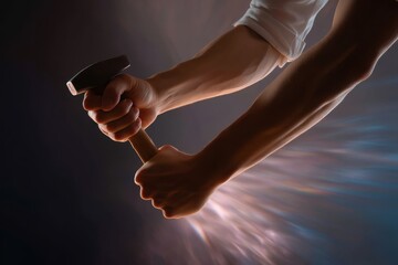 carpenter's hands gripping hammer mid-swing, dramatic motion, indoor lighting
