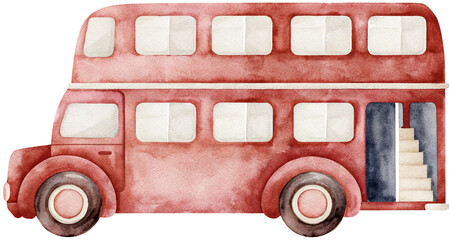 Watercolor illustration of a red double-decker bus on transparent background. © beyouenked