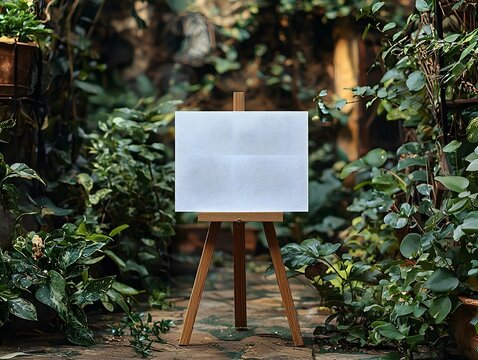 Blank white gift card on wooden easel in rustic outdoor wedding setting