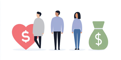 Financial wellness concept with diverse characters representing love, money, and investment in a modern illustration style featuring vibrant colors and clear symbols