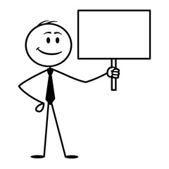 Confident stick figure businessman holding blank sign. Vector cartoon illustration for customizable message or advertisement.