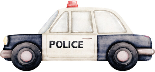 Watercolor illustration of a police car on transparent background. © beyouenked