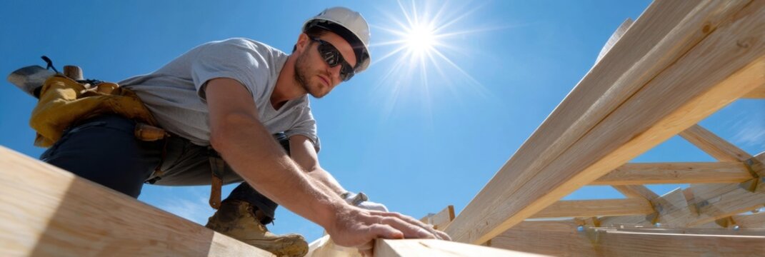 carpenter working on house frame, clear sky in background, safety gear, wood beams exposed