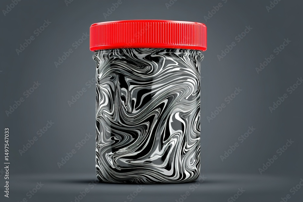 Poster mixed pattern jar with a red lid showcasing swirling black and white design in a neutral background