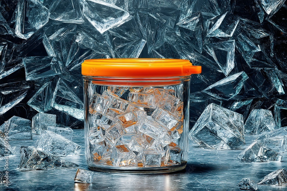 Poster clear ice cubes in a jar surrounded by shattered ice on a reflective surface showcasing a cool bever