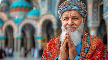 Elderly man praying with mosque background.