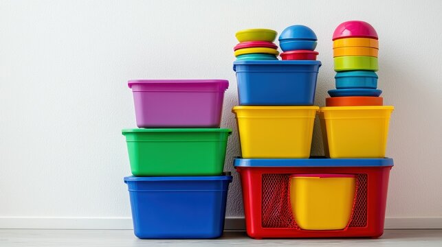 Stacking toy storage bins isolated on white background