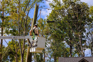 Utility worker stands in bucket lift fixing electrical lines above neighborhood with after hurricane