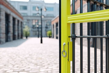 Fototapeta premium Colorful gate leads to a cobblestone courtyard with historical buildings and lamp posts during daytime