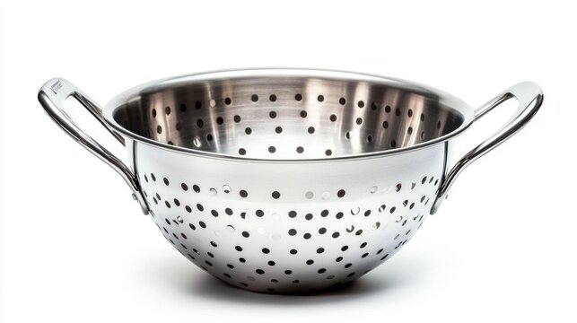 Stainless steel colander isolated on white background