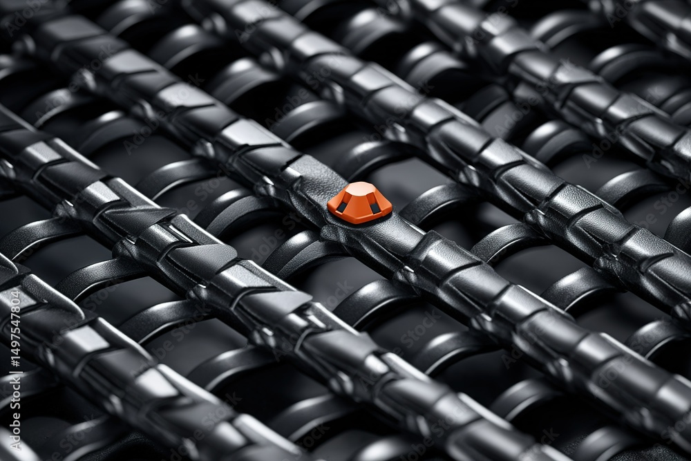 Poster close-up of an intricately designed black surface featuring a distinct orange detail in a modern ind