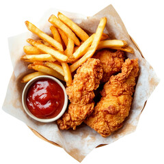  fried chicken tenders and french fries in basket isolated and shot top down with transparency [Transparent Background PNG]