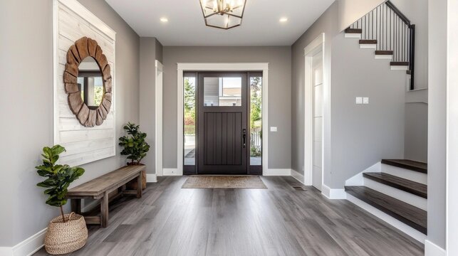 A stylish foyer designed with soothing gray walls and flooring.