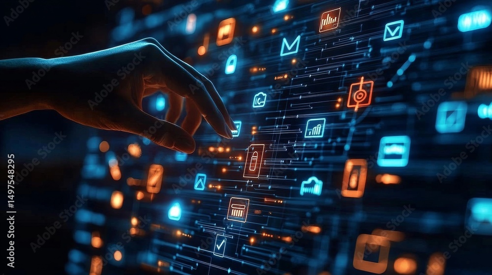 Poster visual representation of technology and security through hand gestures on a screen.