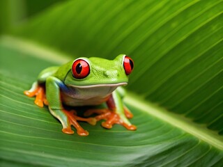 Obraz premium Red Eyed Tree Frog Macro Photo with Leaf Detail and Bright Vivid Green Background