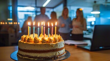 A joyful office birthday celebration captured with a birthday cake and lit candles. 