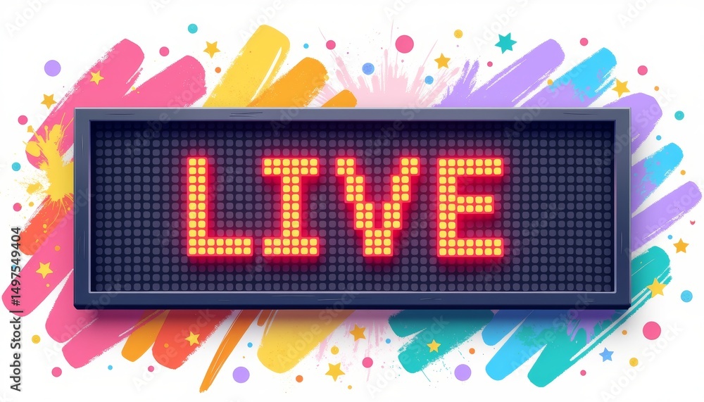 Poster led panel displaying 'live' on colorful abstract background