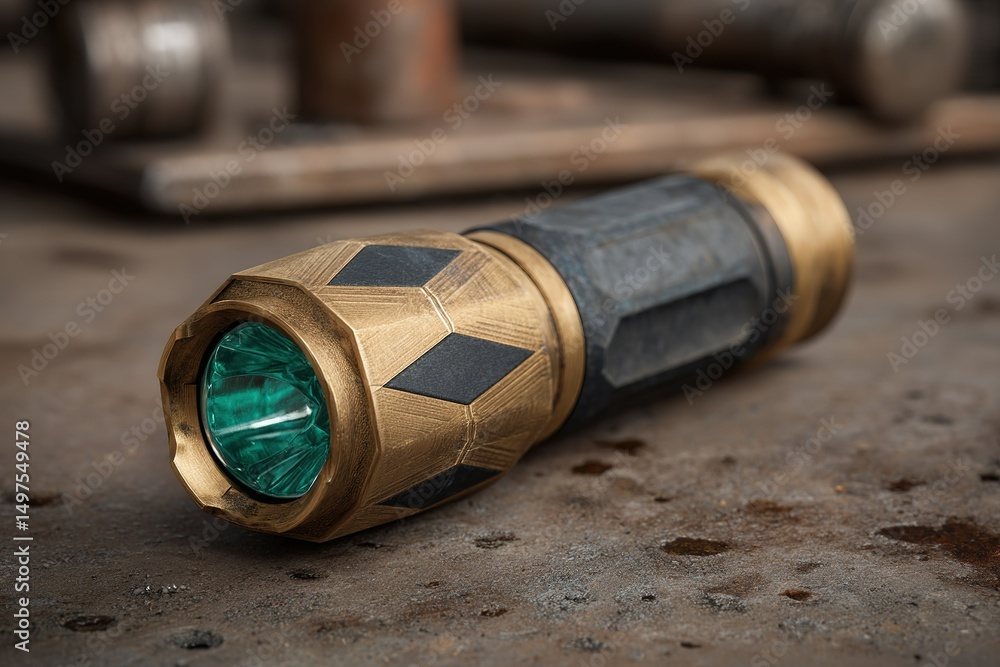 Poster detailed view of a vintage flashlight resting on a workbench in a workshop setting illuminated by so
