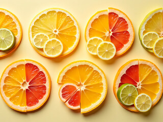 Obraz premium Flat lay of sliced fruits arranged in geometric patterns.