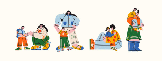 Family care and parent-child characters in retro cartoon style. People mascots: parents with kids, hugs, support, daily life. Illustration in funky, doodle style, trendy sticker set