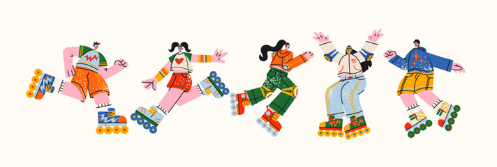 Roller skaters characters in retro cartoon style. Colorful mascots in dynamic poses: sporty girls and boys on roller skates. Illustration in funky, doodle style, trendy sticker set