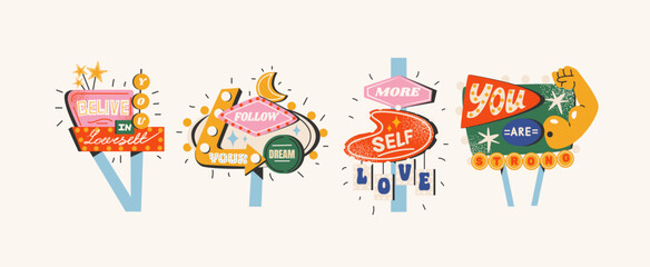 Naklejka premium Motivational signboards in retro cartoon style, vintage road signs, glowing textboards, directional arrows, 90s American aesthetics, inspirational billboard elements, signs in retro groovy style