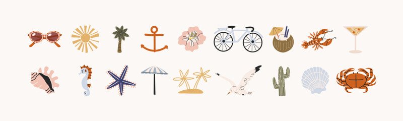 Cartoon summer stickers in retro 90s style. Summer party, vacation, beach season, shore, sun, swimwea, palm. Bright groovy funky summer elements and shapes. Sticker pack of patches, labels, stamps