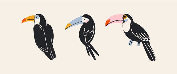 Obraz premium Toucan birds in retro cartoon style. Exotic animals: colorful toucans with large beaks in various poses. Illustration in funky, doodle style, trendy sticker set