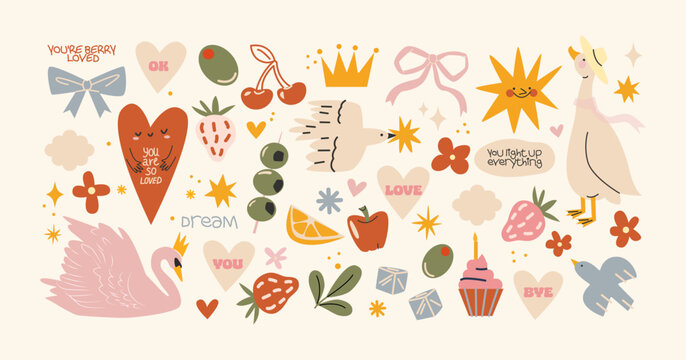 Retro hippie stickers 90s. Romantic spring shapes, animals and fruits in retro cartoon style. Love-themed elements: swan, cupcake, heart, bow. Illustration in funky, doodle style, trendy labels set