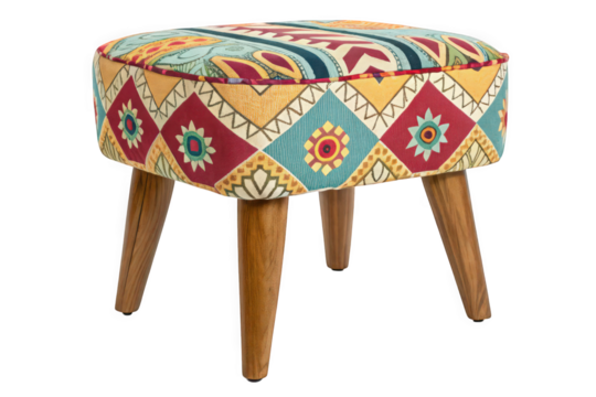 Colorful Bohemian Style Ottoman with Wooden Legs on Transparent Background, AI Generated - Powered by Adobe