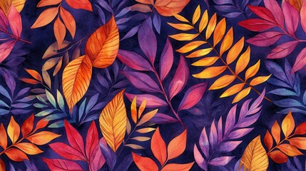 Colorful watercolor leaves form a vibrant, autumnal pattern. Use this bold, warm design for backgrounds and fall projects.