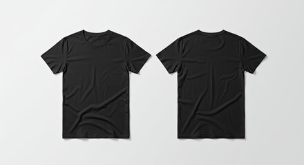 Minimalist Black T-shirt Mockup: Two versatile black t-shirts, displayed front and back, present a clean, adaptable template for branding, design, or casual wear.