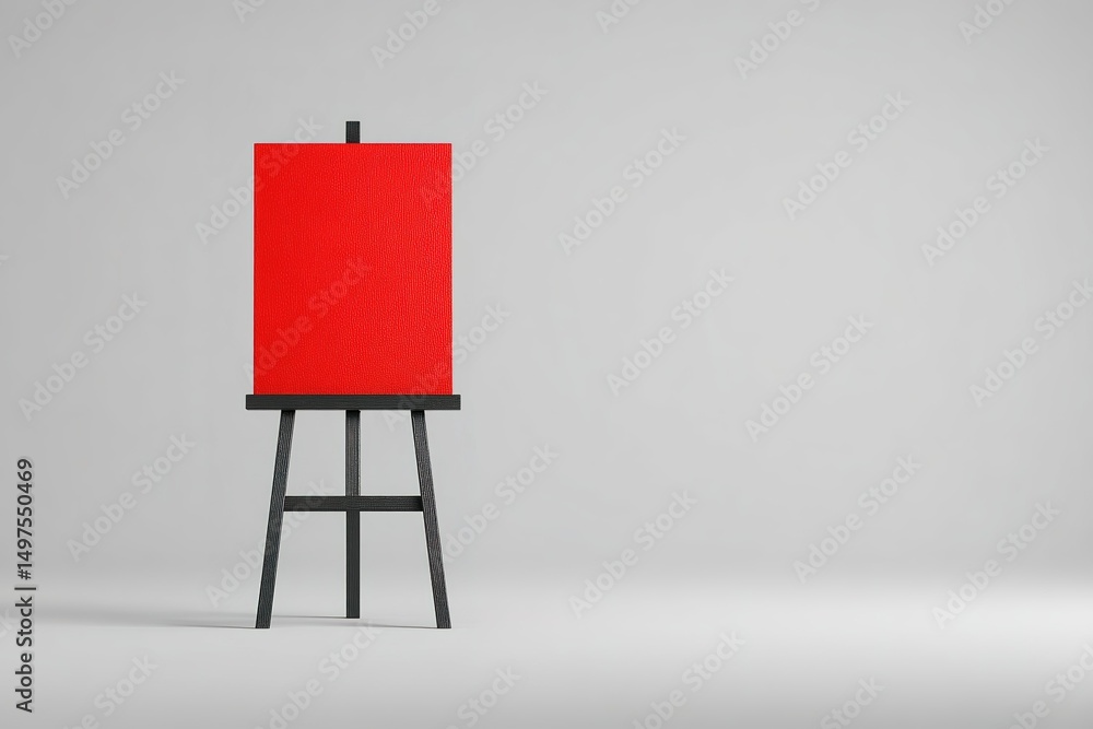 Poster blank red canvas displayed on a black easel in an empty art studio space with minimalist decor