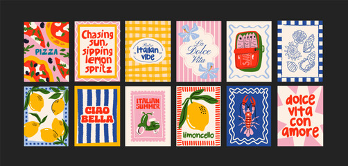 Abstract Italian posters in 90s style. Bright compositions: pizza, lemons, cocktails, seafood in cartoon trendy retro style. Decor for kitchens, cafes and restaurants. Minimalist banners for wall  © Limpreom