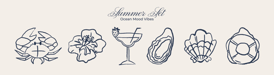 Summer beach stickers in retro linear style, crab, tropical flower, cocktail, seashells, oyster, lifebuoy, ocean vacation elements, seaside mood illustration, trendy vintage minimalist shapes © Limpreom
