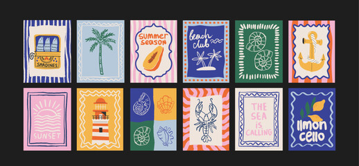 Tropical jungle posters with exotic animals and plants in cartoon style. Wall decor, trendy banners of wildlife, tropical foliage, cocktails, animals. Decor of wallpaper, walls, print and postcard