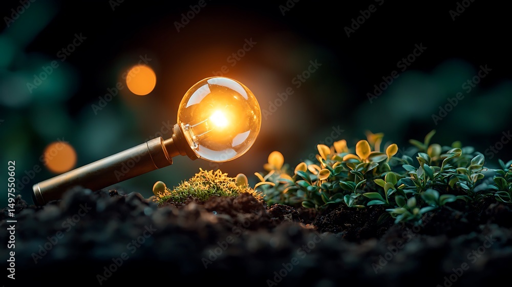 Poster Illuminated light bulb resting on soil with greenery