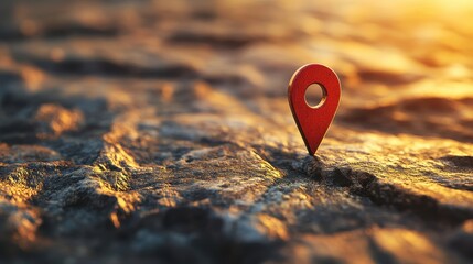 Red pin on rough stone, sunlight shining location with warm colors. Use for travel, navigation, adventure, or finding a destination.