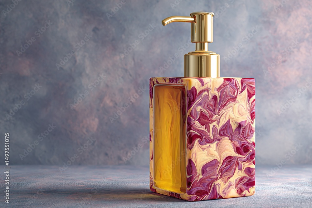 Poster stylish dispenser with colorful marbled design on a textured surface in a modern setting
