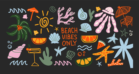Cartoon summer stickers in retro 90s style. Summer party, vacation, beach season, shore, sun, swimwea, palm. Bright groovy funky summer elements and shapes. Sticker pack of patches, labels, stamps © Limpreom
