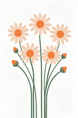 The illustration features six stylized daisy-like flowers with light peach petals and orange centers, arranged in a simple, symmetrical bouquet style with a clean white background.