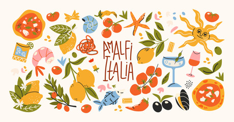 Italian food and culture stickers set in retro cartoon style. Food and drink: pizza, pasta, wine, tomato. Illustration in funky, doodle style, trendy labels set.