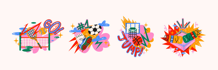 Sport stickers set in retro cartoon style. Training and activity elements: basketball, dumbbell, tennis racket, sneakers. Illustration in funky, doodle style, trendy shapes set