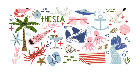 Cartoon summer stickers in retro 90s style. Summer party, vacation, beach season, shore, sun, swimwea, palm. Bright groovy funky summer elements and shapes. Sticker pack of patches, labels, stamps © Limpreom