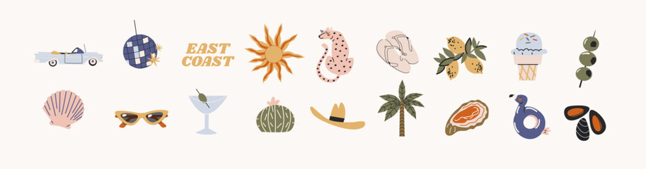 Cartoon summer stickers in retro 90s style. Summer party, vacation, beach season, shore, sun, swimwea, palm. Bright groovy funky summer elements and shapes. Sticker pack of patches, labels, stamps © Limpreom