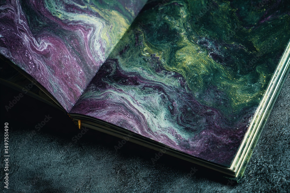 Poster colorful marbled pages of an open book on dark textured surface create an artistic visual experience
