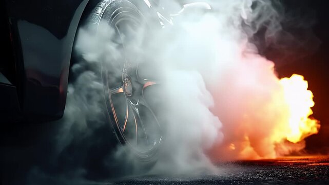 A close-up of a car tire with smoke and light, showcasing speed and power.