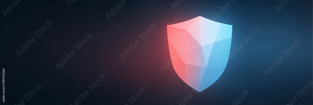 Poster abstract shield icon in blue and red colors on dark background representing security and protection 