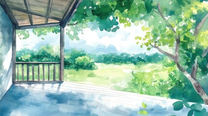 Watercolor porch overlooking a verdant valley