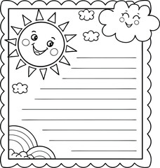 Cute sun and cloud writing paper for kids black and white lined template coloring note page

